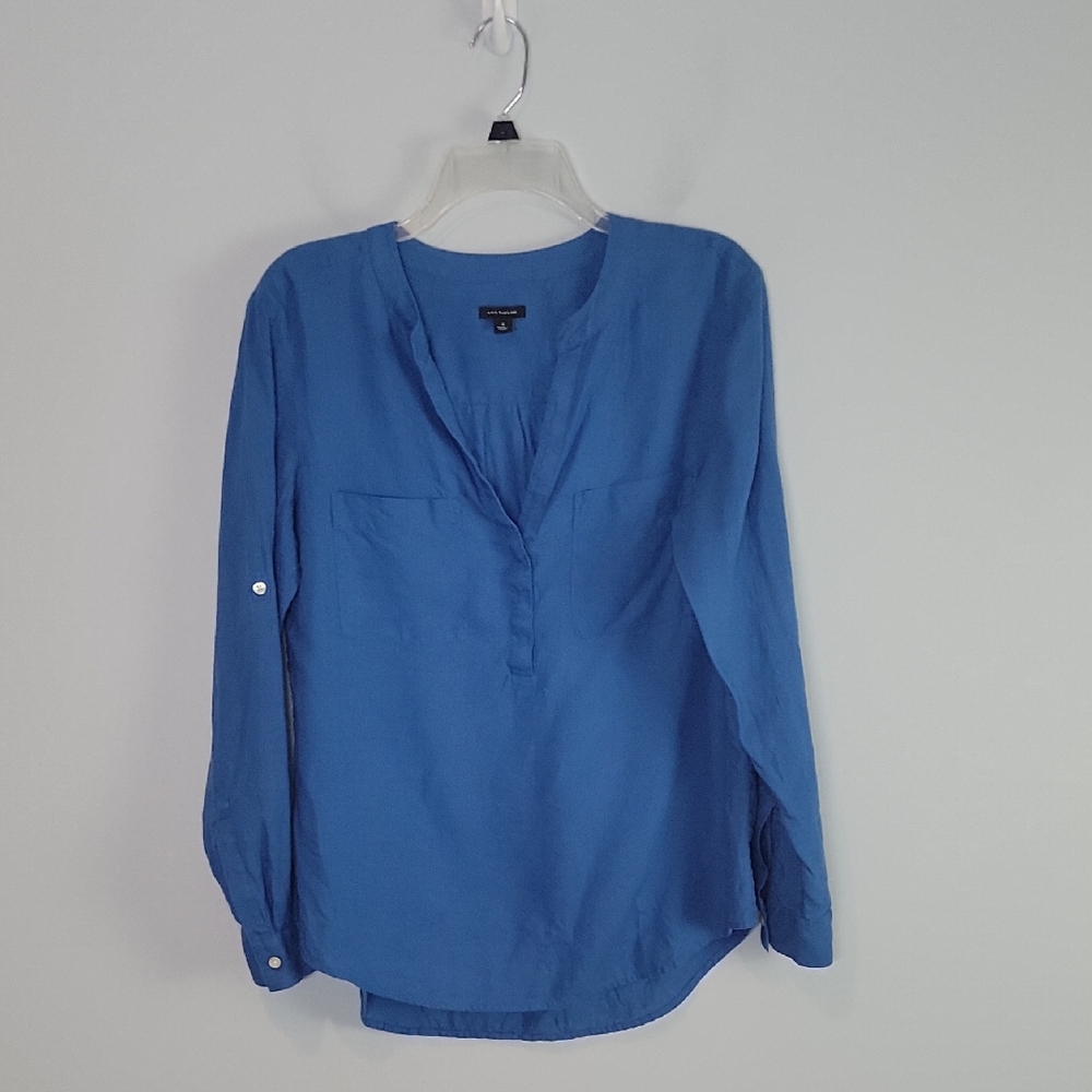 Ann Taylor Blue Linen Roll Tab Sleeve Shirt